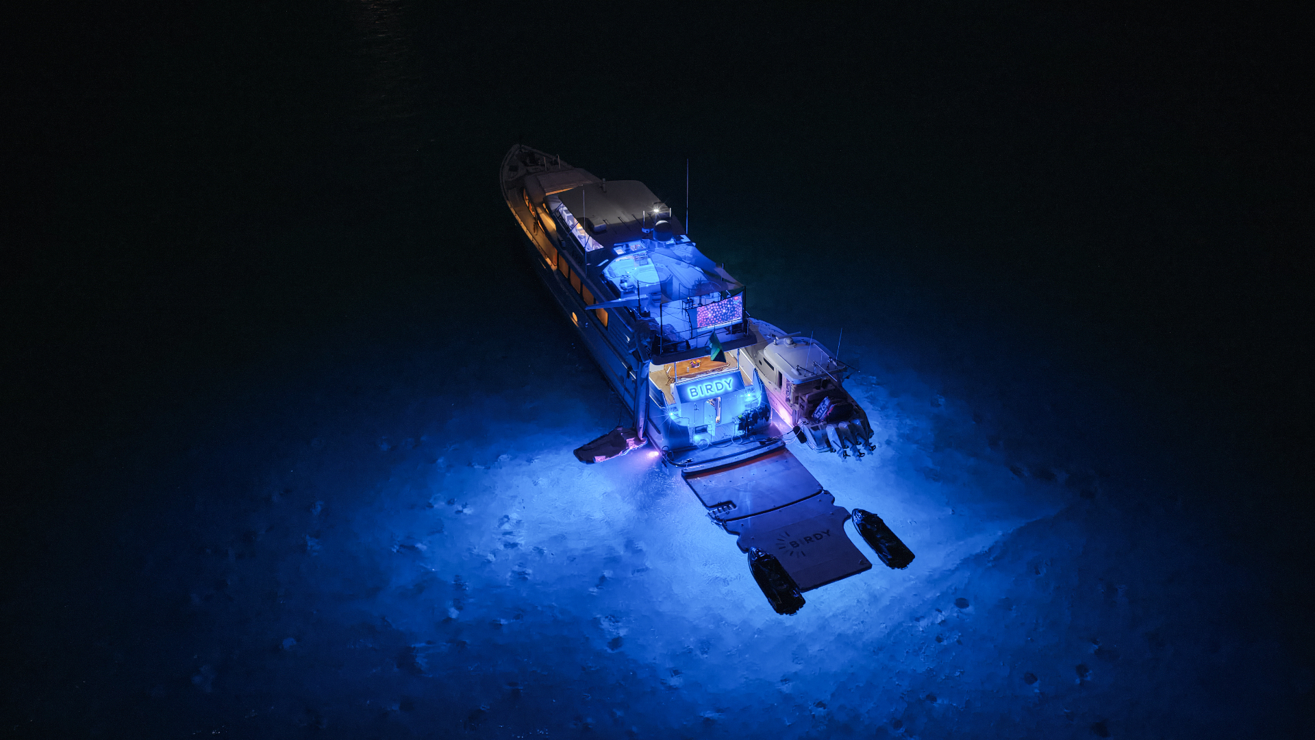 Night aerial of Birdy glowing blue at anchor